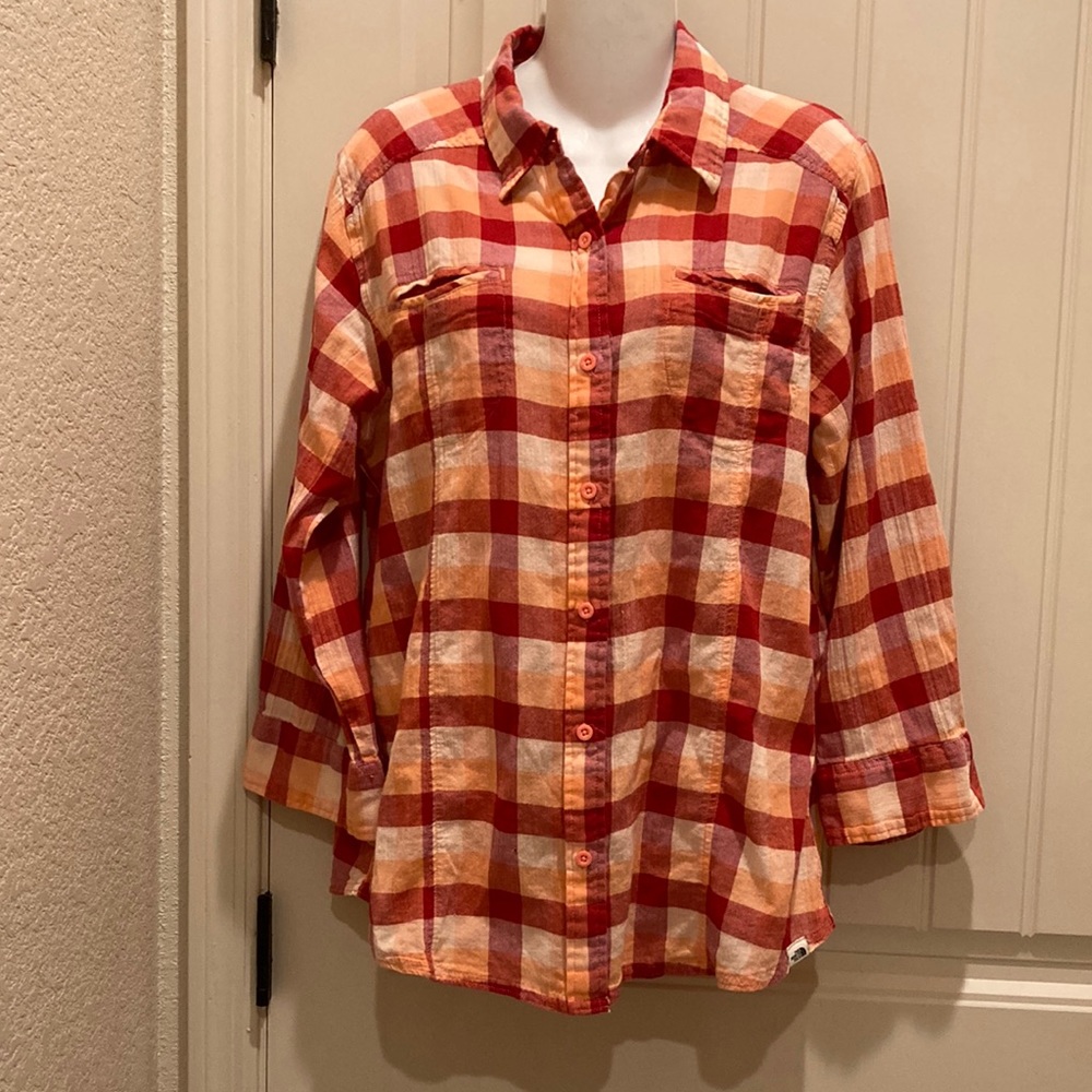 North Face Womens Western Cowgirl Shirt Plaid Button Up 3/4 Roll Sleeves Pockets